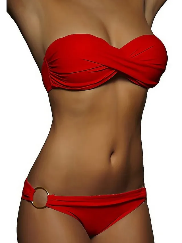 Women's Swimwear Bikini 2 Piece Normal Swimsuit Ruched 2 Piece Open Back Sexy Pure Color Black White Yellow Pink Red Padded Strapless Bathing Suits New Vacation Beach Wear