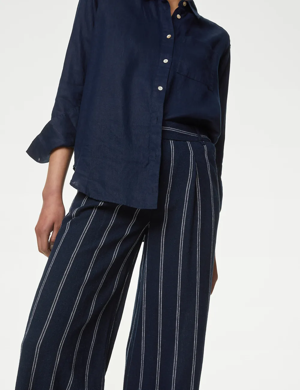 Linen Striped Wide Leg Trousers