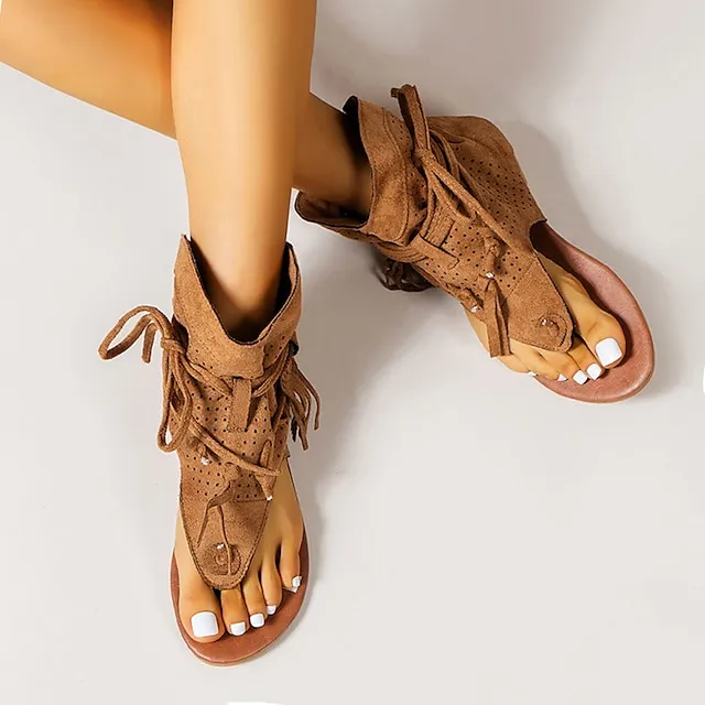 Women's Sandals Flat Sandals Gladiator Sandals Roman Sandals Outdoor Daily Beach Summer Lace-up Flat Heel Open Toe Vintage Casual Canvas Synthetics Loafer Solid Color Solid Colored Black Yellow Brown