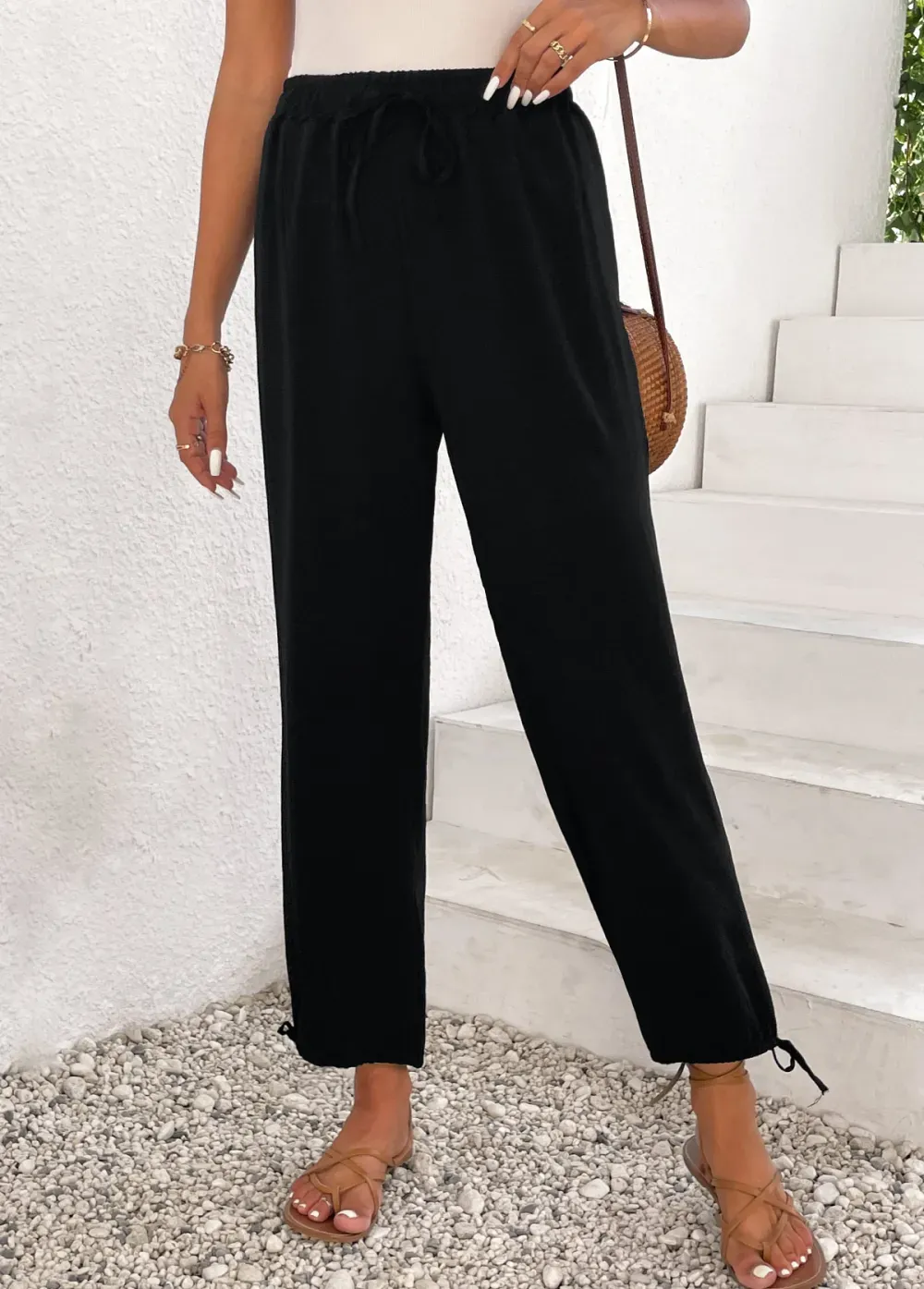 Black Lightweight Jogger Elastic Waist High Waisted Pants