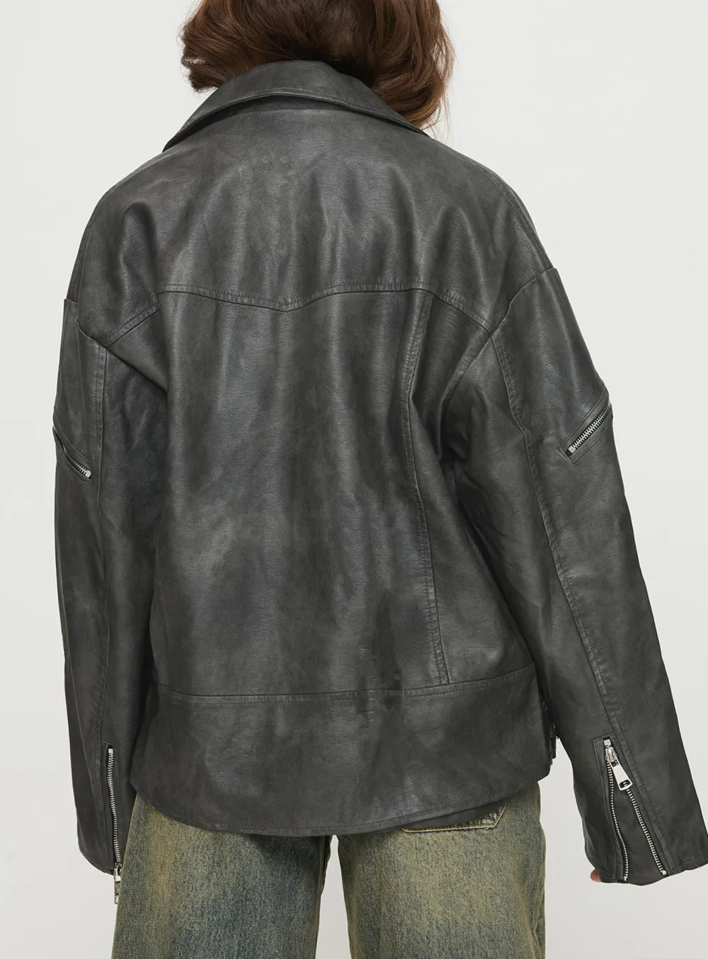 Washed Look Oversized Faux Leather Jacket