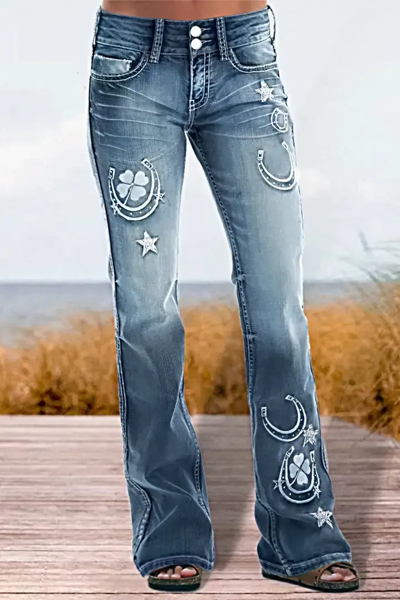Star & Moon Pattern Button Front Mid Rise Bootcut Jeans
