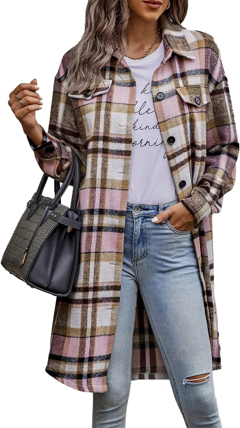 Women's Plaid Shacket 2023 Long Sleeve Button Up Flannel Shirt Winter Tartan Jacket Woolen Coats