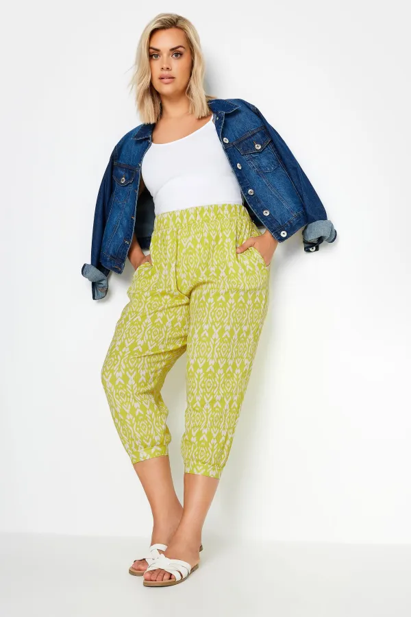 YOURS Curve Black Geometric Print Textured Cropped Harem Trousers