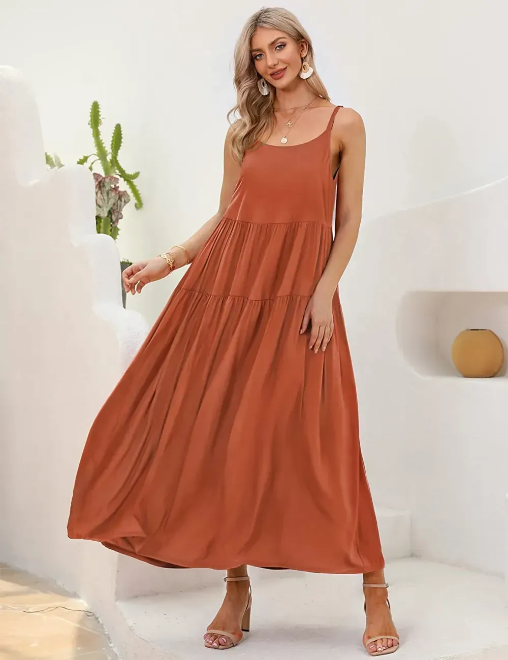 Summer Dresses for Women Casual Loose Bohemian Floral Dress with Pockets Spaghetti Strap Maxi Dress E75