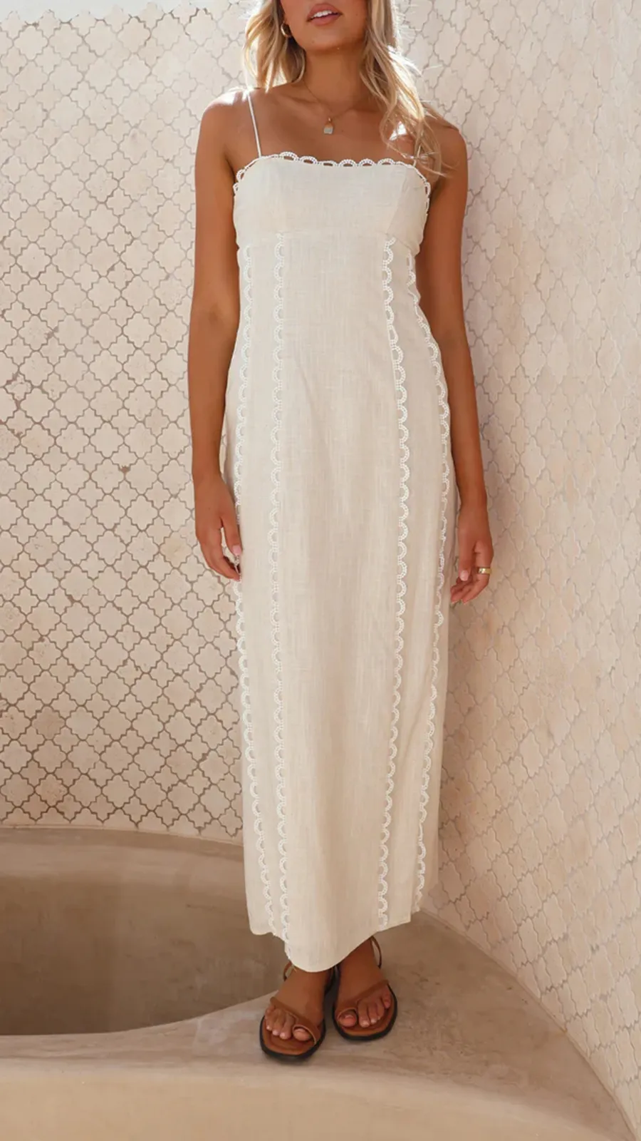 White Cotton And Linen Suspender Midi Dress