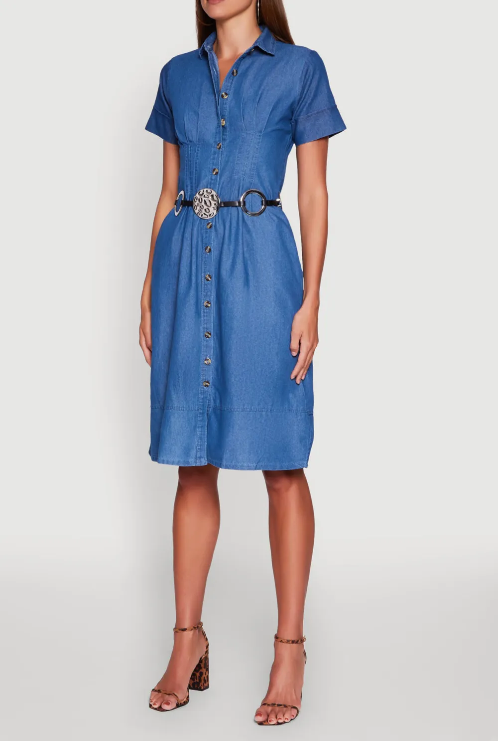 Solid Color Short Sleeved Lapel Dress