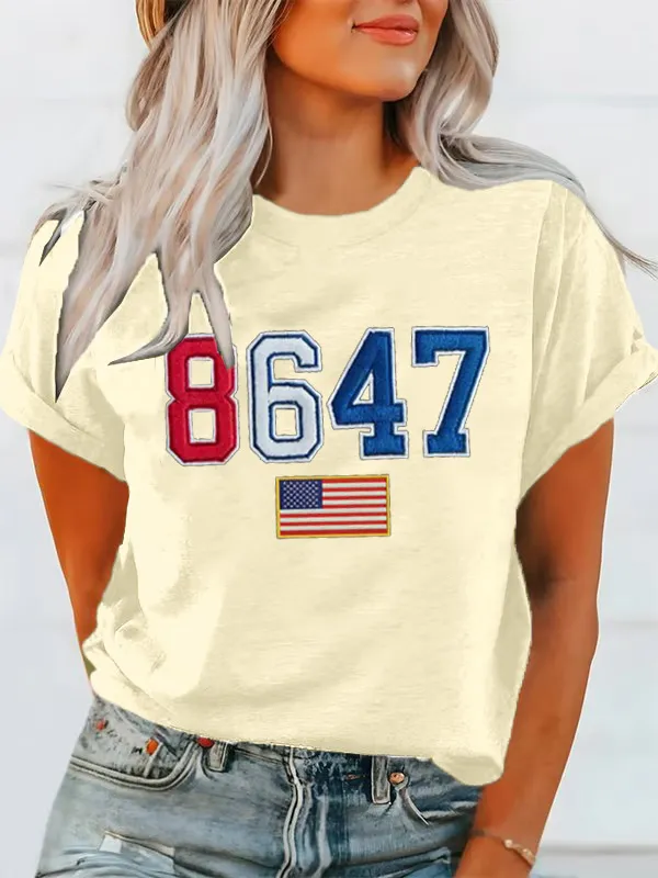 Women'S T-Shirt Women'S Retro 8647 Flag Waffle Fabric Round Neck T-Shirt