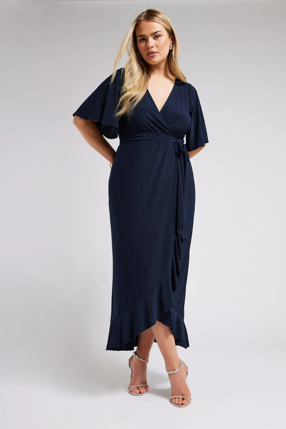 YOURS LONDON Curve Navy Blue Ruffle Hem Wrap Dress