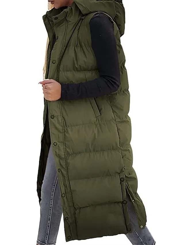 Women's Puffer Vest Long Winter Coat Sleeveless Hooded Jacket Thermal Warm Parka Windproof Gilet Zipper Outerwear Fall