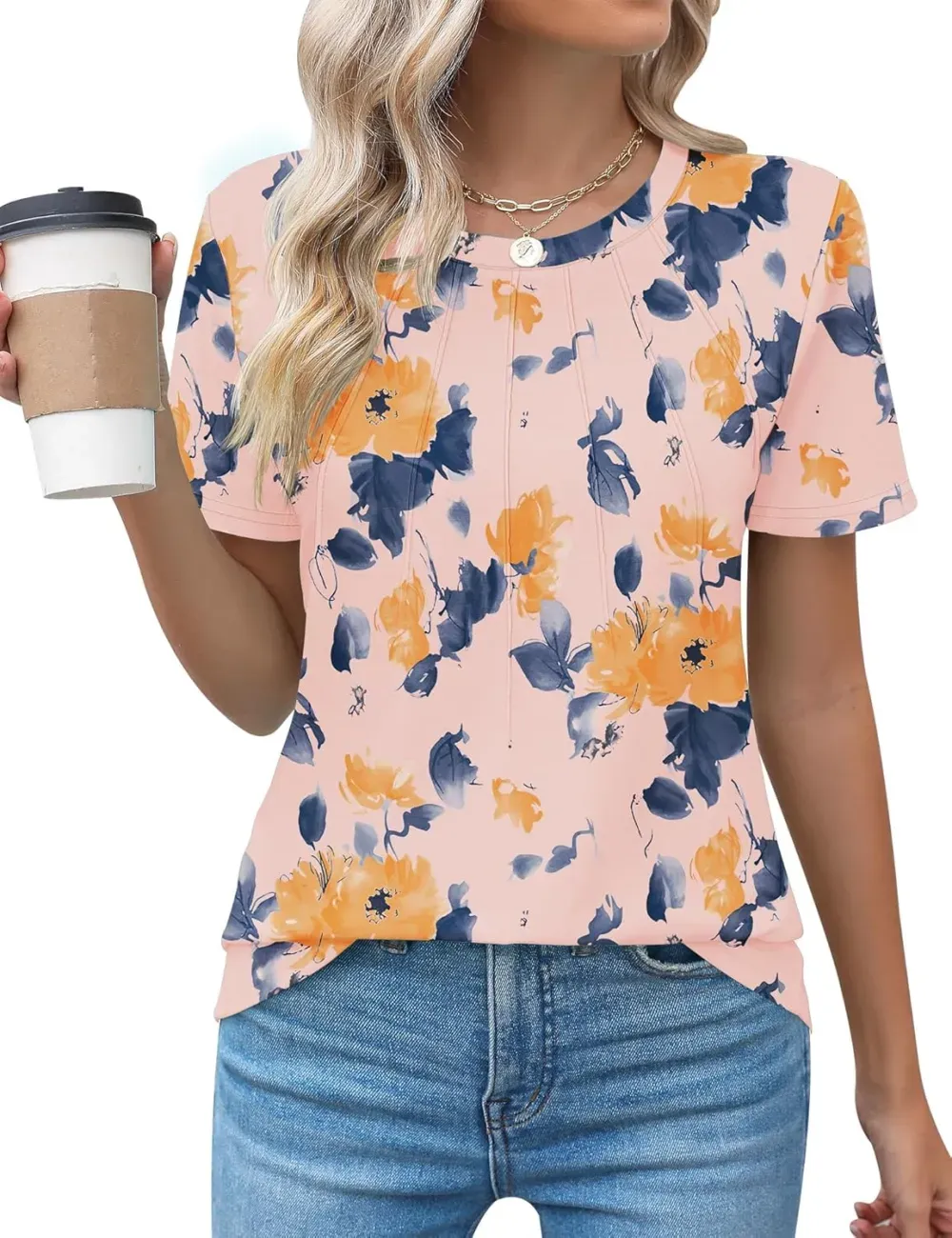 Kistore Womens Casual Crew Neck Short Sleeve Pleated Tops Blouses Fashion Clothes 2024