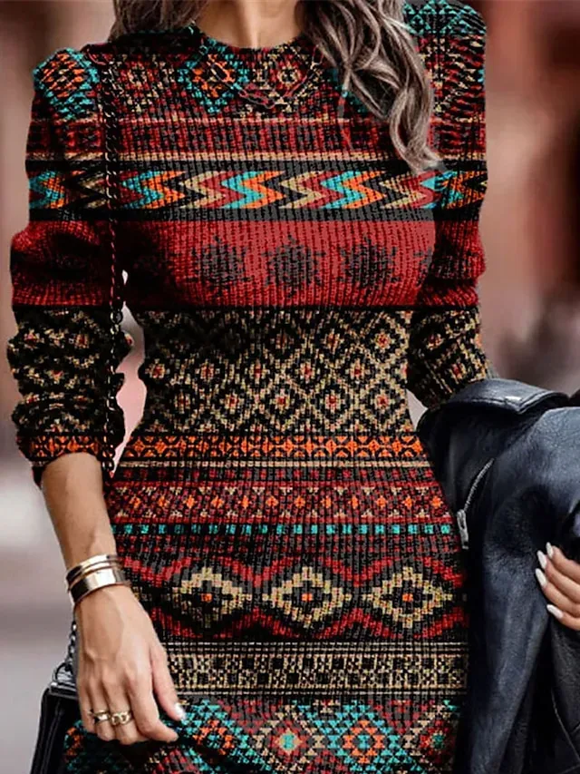 Women's Sweater Dress Jumper Dress Winter Dress Mini Dress Warm Casual Tribal Outdoor Casual Daily Going out Crew Neck Long Sleeve 2023 Regular Fit Wine Blue S M L XL XXL 3XL