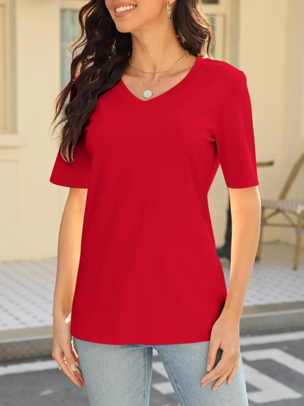 ORANDESIGNE Women's Color Block Short Sleeve T Shirts Casual V Neck Summer Tops Tees Loose Fit Blouses