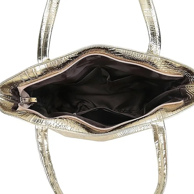 Women's Shoulder Bag Tote PU Leather Daily Embossed Solid Color Crocodile Silver Black Gold