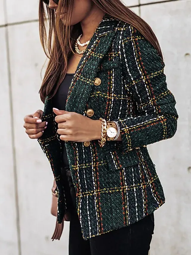 Women's Blazer Tweed Maillard Plaid Long Sleeve Coat Fall Winter Business Double Breasted Regular Jacket Green Brown XL 2XL 3XL