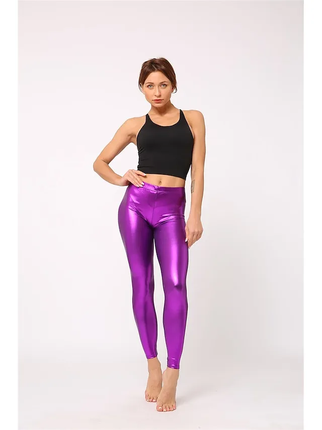 Women's Tights Leggings PU Faux Leather High Elasticity Mid Waist Sporty Party Causal Sapphire Scarlet One-Size Fall & Winter