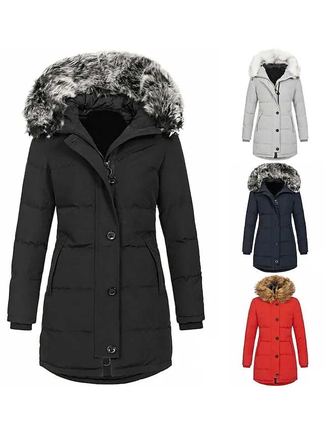 Women's Parka Puffer Jacket Winter Coat Zip up Hooded Coat with Fur Collar Thermal Warm Heated Coat Fall Outerwear with Pockets Classic Long Sleeve Black White