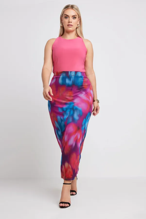 LIMITED COLLECTION Curve Pink Abstract Print Mesh Skirt