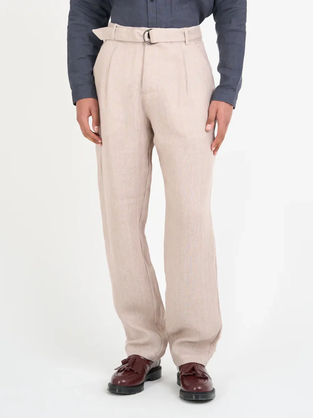 Pink Straight-Leg Belted Linen Trousers