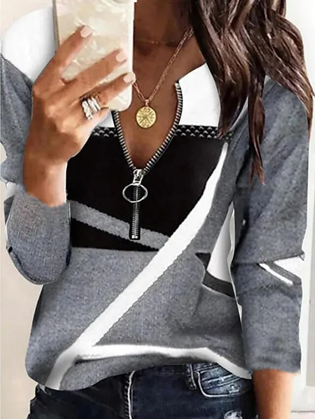 Women's Plus Size Shirt Blouse Graphic Color Block Black Red Fuchsia Quarter Zip Print Long Sleeve Casual Vintage V Neck Regular Fit Fall & Winter