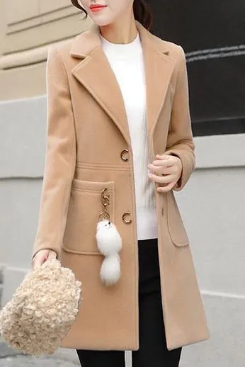Solid Front Pockets Mid Length Lapel Coat