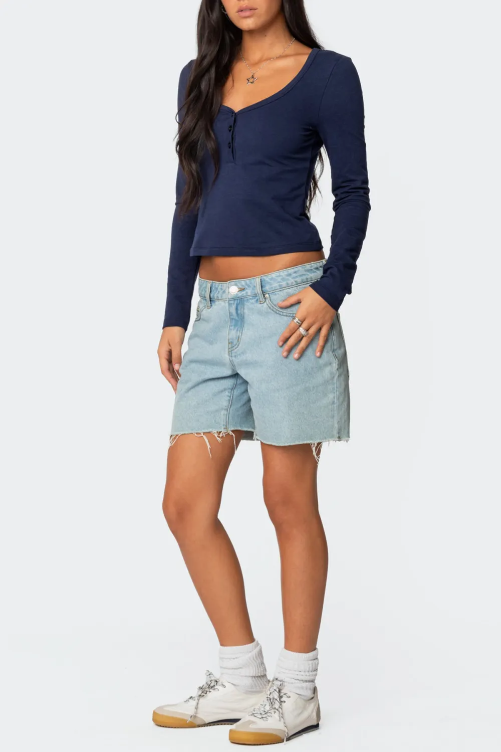 Low Rise Raw Edge Denim Shorts
