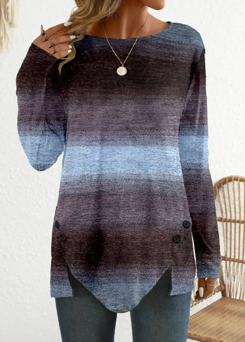 Patchwork Ombre Long Sleeve Round Neck T Shirt