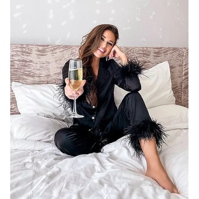 Women's Gift Loungewear Pajamas Sets Home Party Valentine's Day Feather Pure Color Silk Simple Soft Shirt Pant Fall Spring Summer Lapel Long Sleeve Long Pant Buckle Pocket