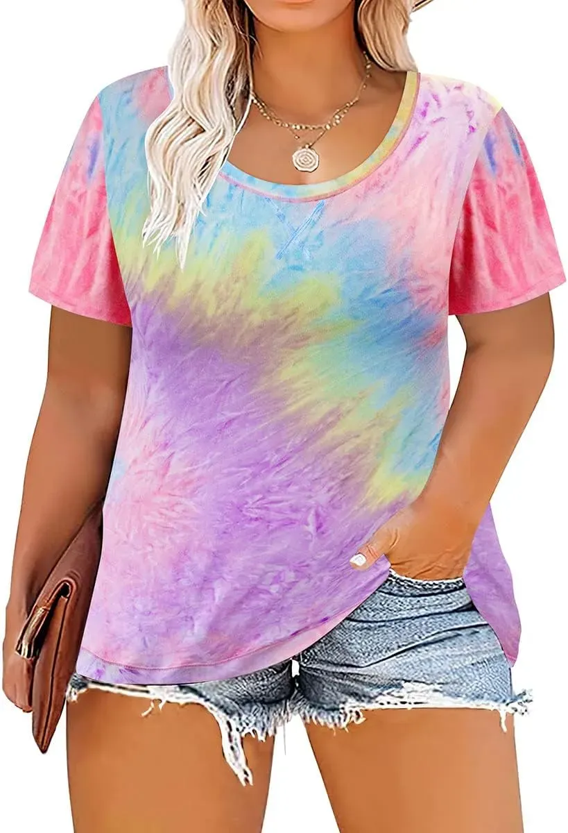 TIYOMI Plus Size T Shirt for Women Short Sleeve Tunic Cross Line Shirts Round Neck Tops Summer Blouse XL-5XL 14-28