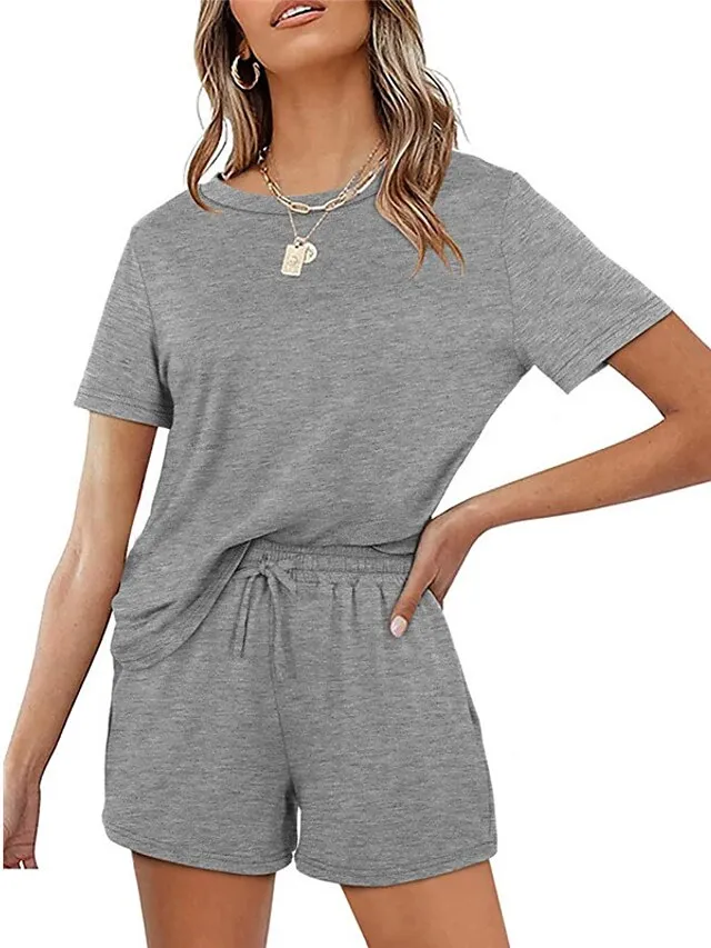 Women's Loungewear Sets Nighty 2 Pieces Pure Color Simple Comfort Home Street Cotton Crew Neck Short Sleeve T shirt Tee Shorts Spring Summer Green Blue