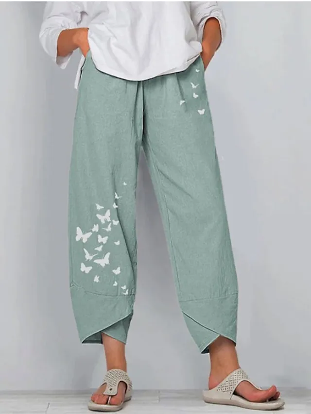 Women's Linen Pants Pants Trousers Capri shorts Ankle-Length Linen / Cotton Blend Baggy Print High Waist Chino Casual Going out Black / Red Light Green S M Spring &  Fall