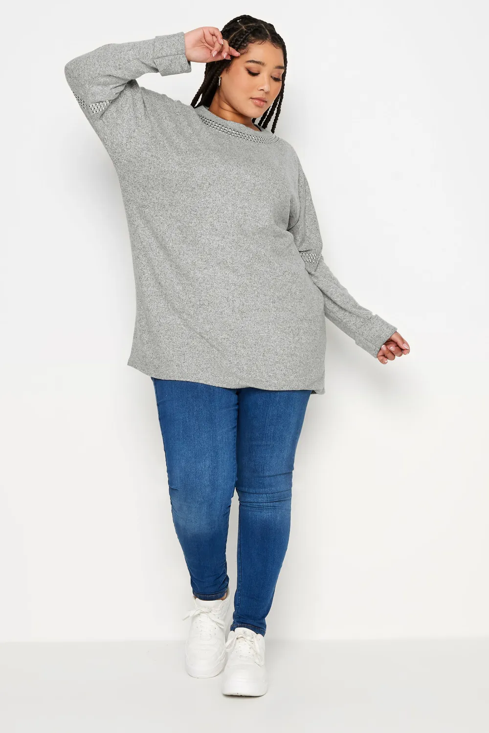 YOURS Curve Light Grey Stud Batwing Sleeve Jumper