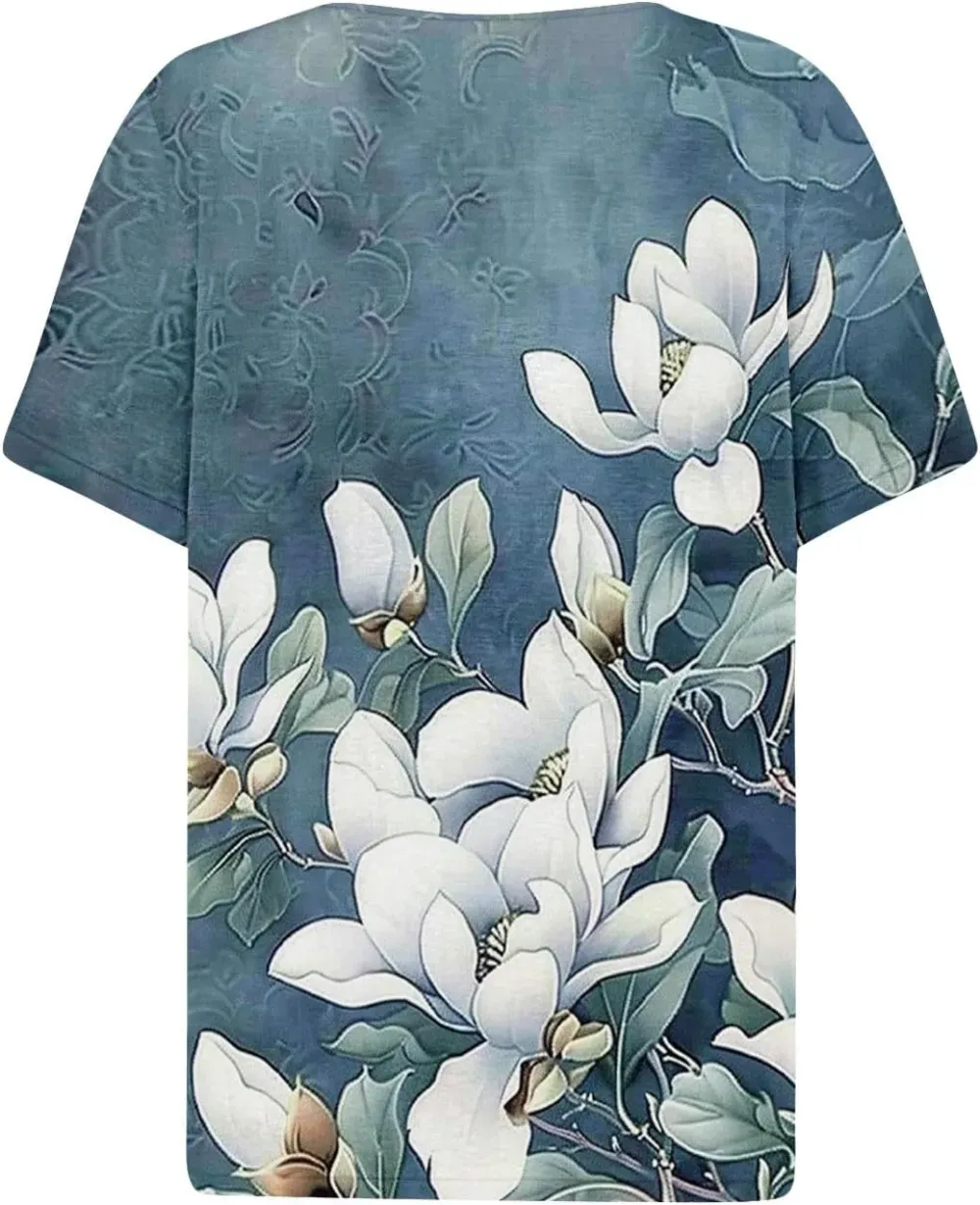 Shirts for Women Casual Printed Summer Tops Short-Sleeved Button V-Neck Tops Blouse Fashion Boho T-Shirts