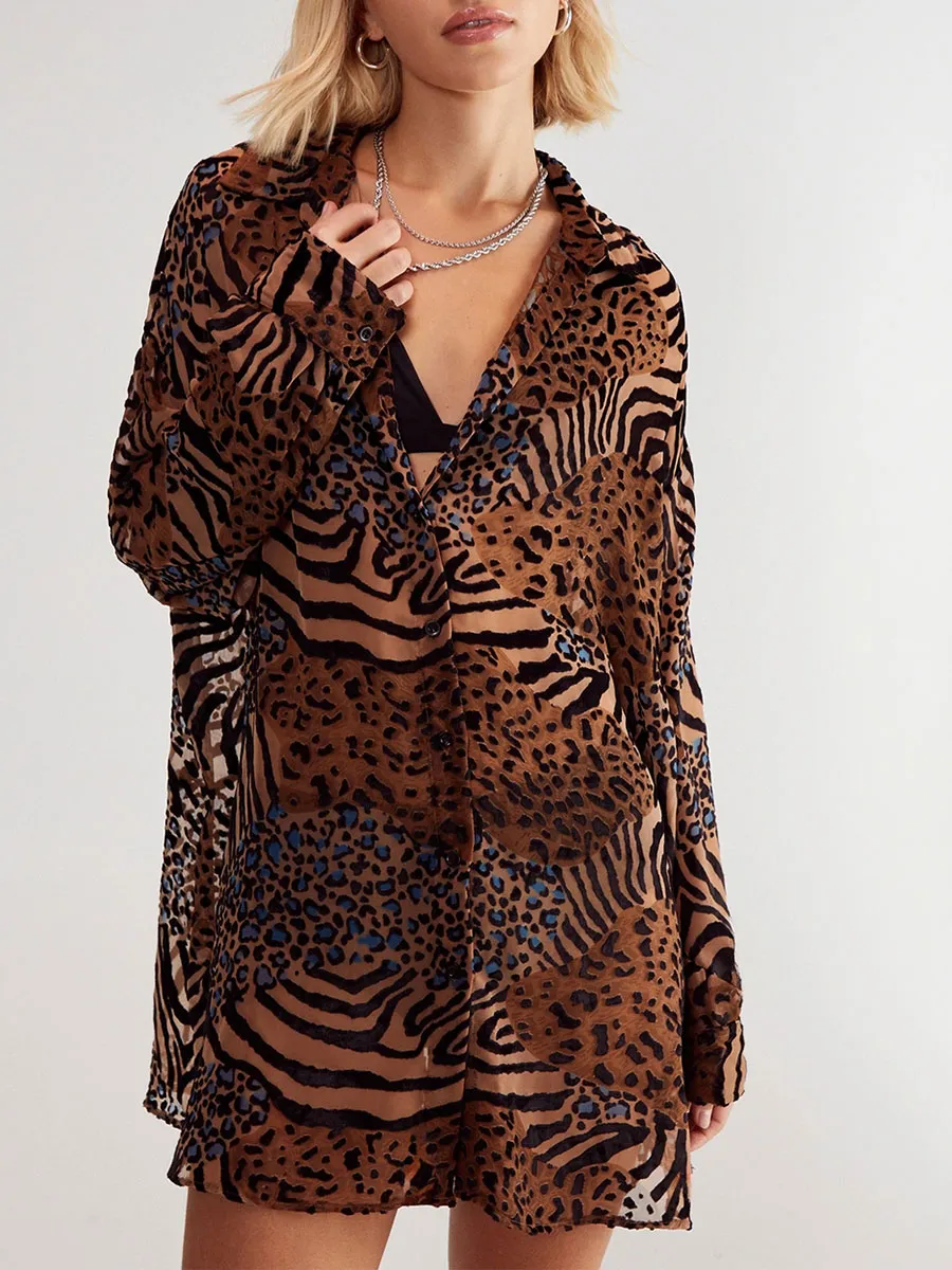 Lady'S Vintage-Style Animal-Patterned Loose-Fitting Shirt
