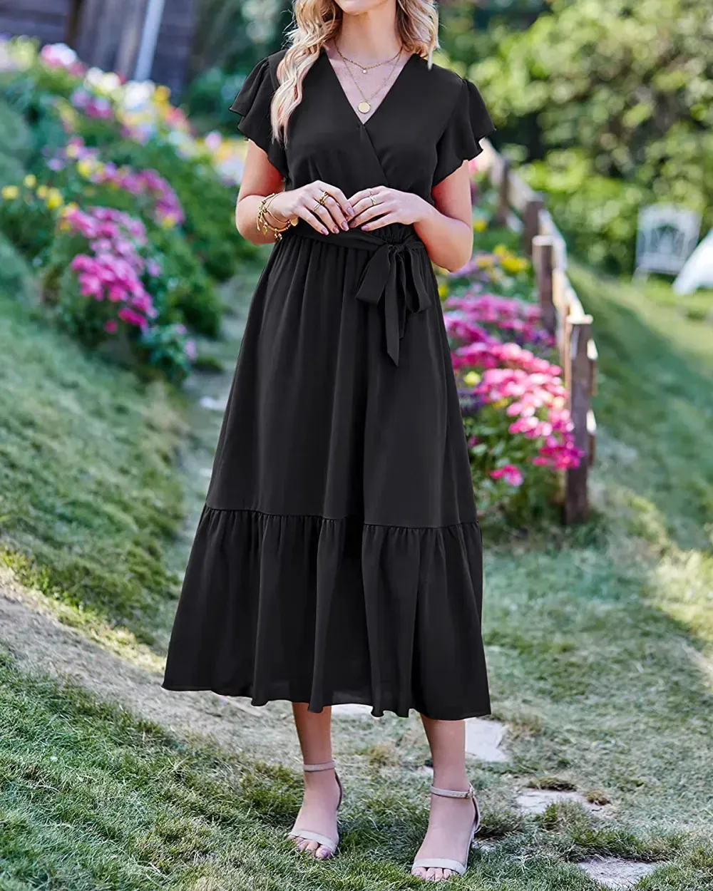 Women Summer Bohemian Floral Casual Wrap V Neck Ruffle Cap Sleeveless Belt A-Line Pleated Hem Swing Midi Sun Dress