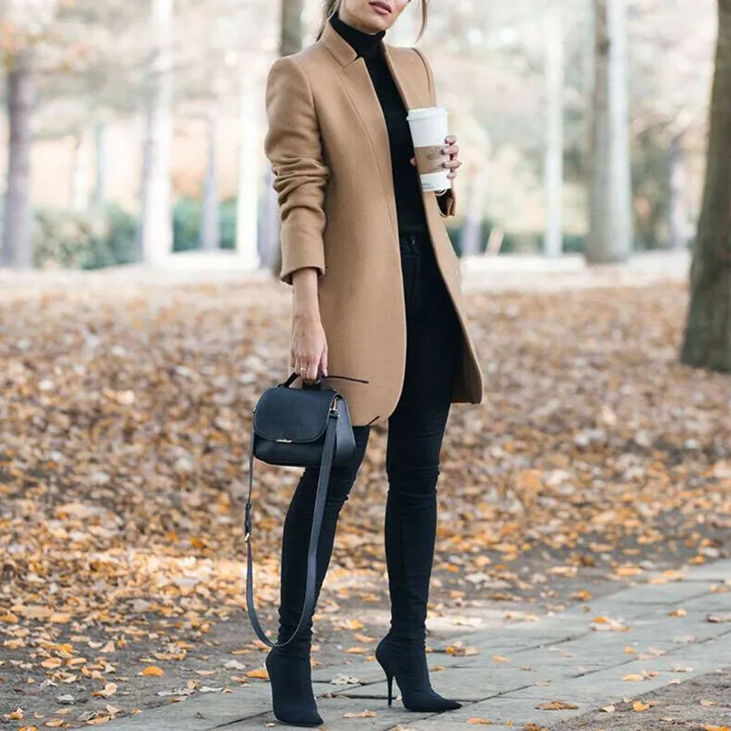 Casual Solid Color Stand Collar Long Coat