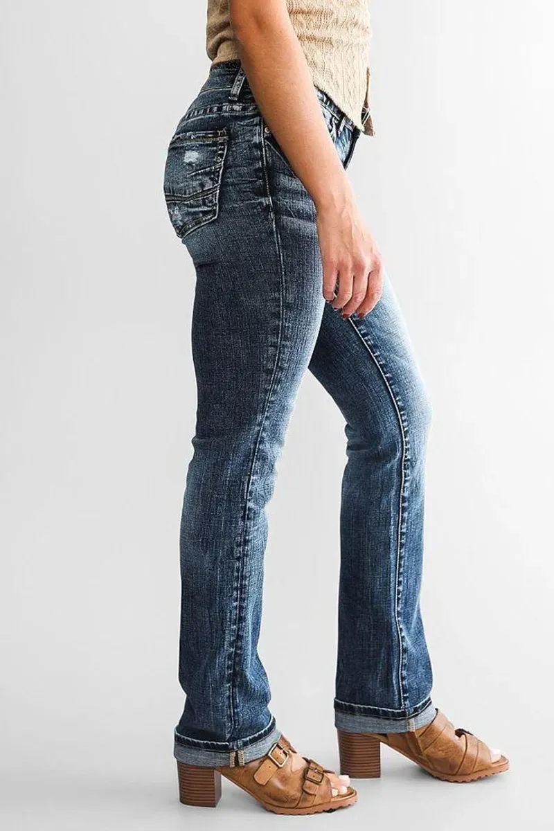 Mid Waist Wash Straight Leg Jeans
