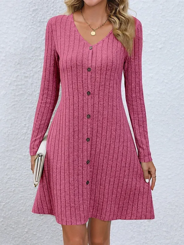 Women's Sweater Dress Jumper Dress Casual Dress Mini Dress Knitwear Fashion Modern Outdoor Daily Going out Weekend V Neck Long Sleeve Button Up Button 2023 Regular Fit Black Light Green Fuchsia S M L
