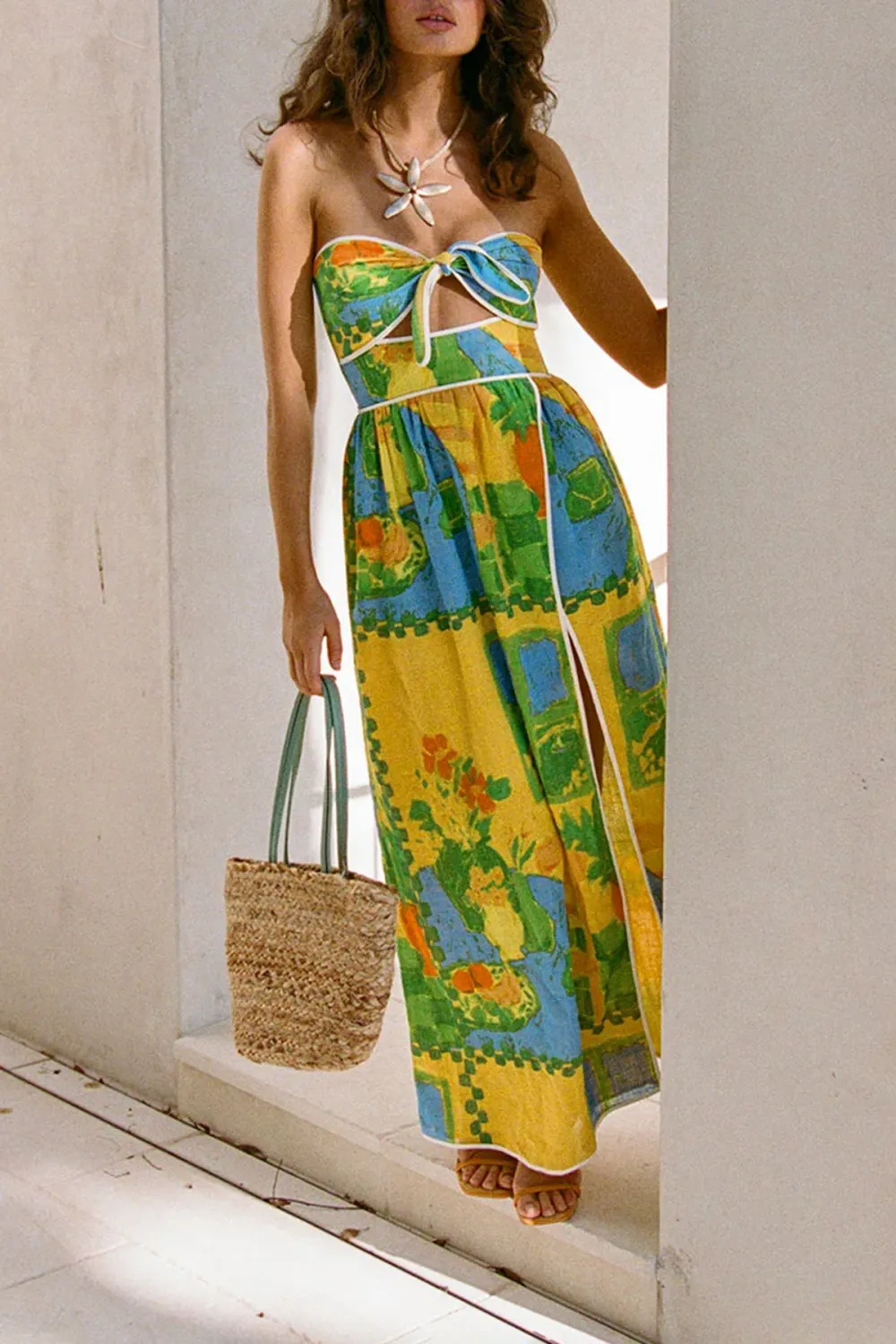 Color Blocked Strapless Slit Midi Dress