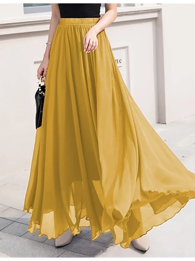 Women's Skirt Swing Work Skirts Long Skirt Maxi Skirts Chiffon Solid Colored Office / Career Daily Spring & Summer Chiffon Polyester Elegant Long Summer Black Light Green Pink Blue