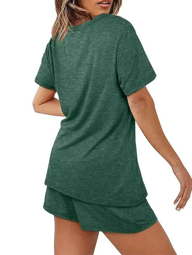 Women's Loungewear Sets Nighty 2 Pieces Pure Color Simple Comfort Home Street Cotton Crew Neck Short Sleeve T shirt Tee Shorts Spring Summer Green Blue