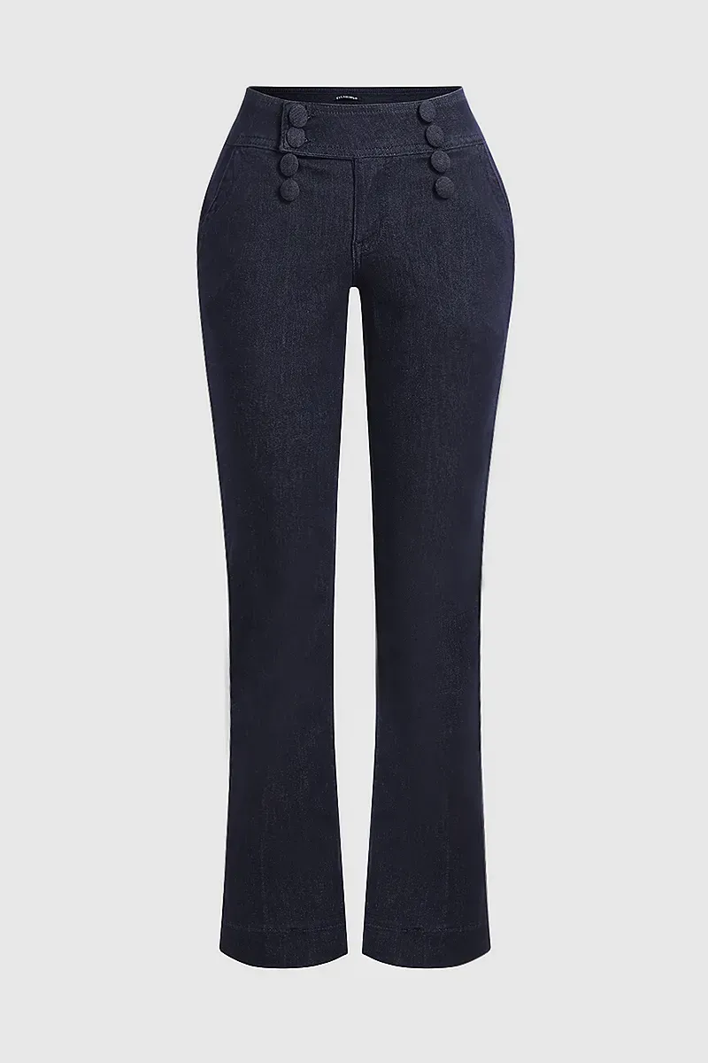 Double Breasted Pocket Detail Flare Mid Rise Jeans
