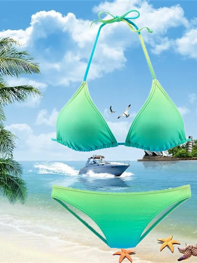 Women's Swimwear Bikini 2 Piece Normal Swimsuit Halter 2 Piece Open Back Sexy Printing Gradient Color Red Green Halter V Wire Bathing Suits Sexy Vacation Fashion