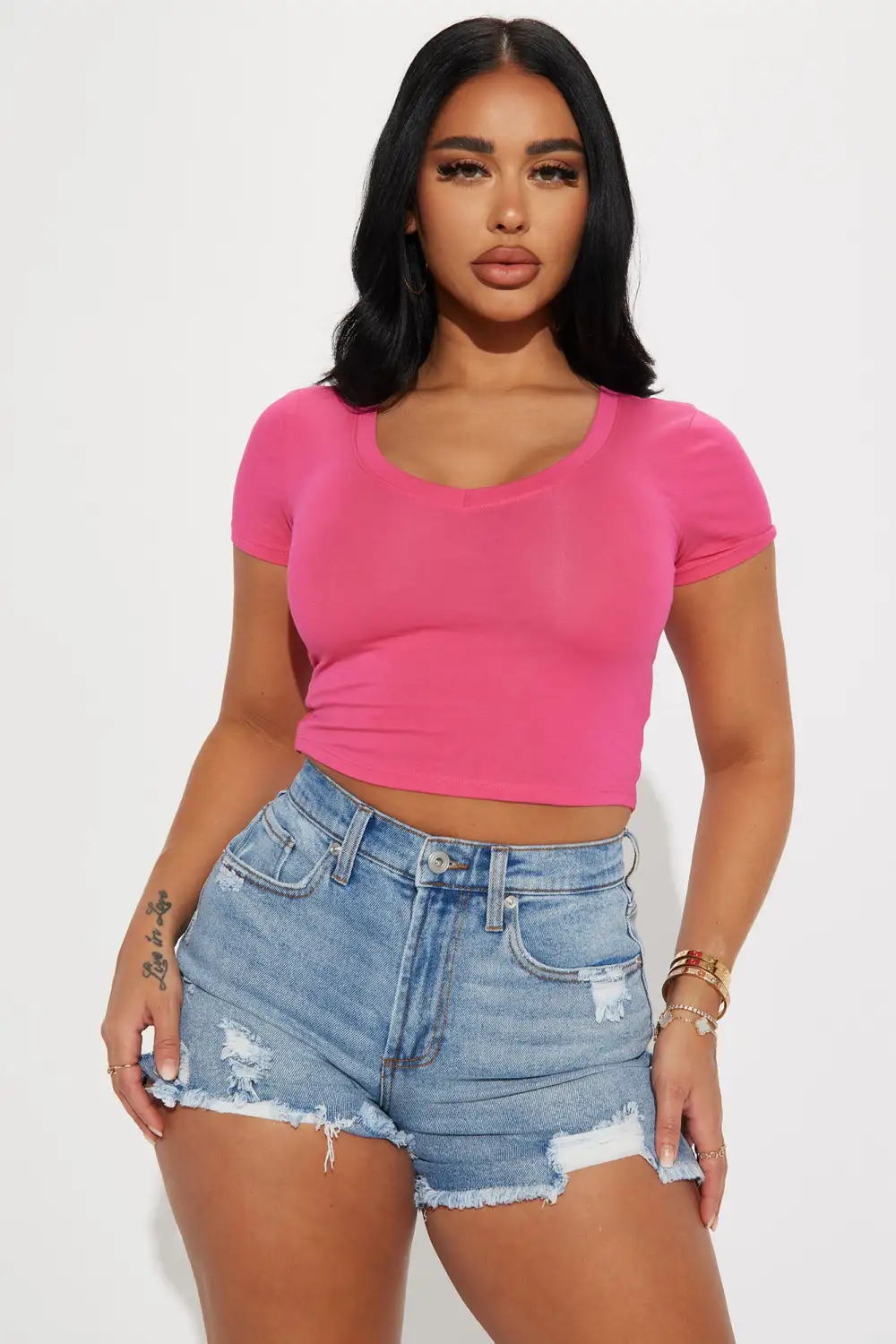 Carly V Neck Crop Tee - Fuchsia