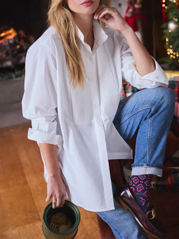 Long Sleeve White Pleated Tuxedo-Style Shirt