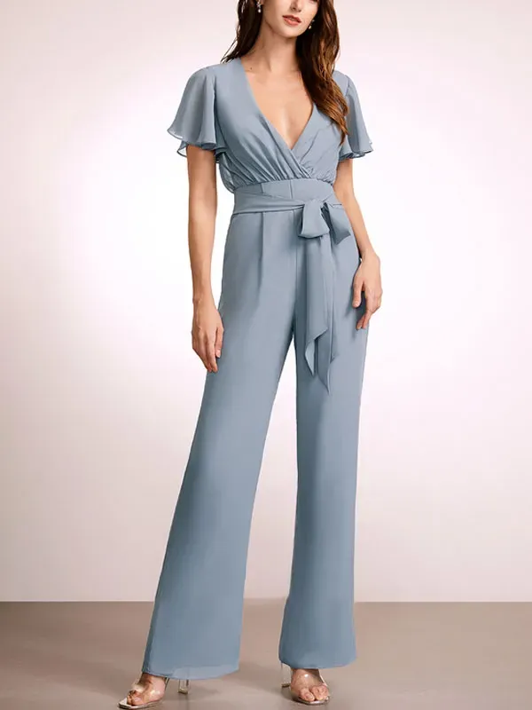 Jumpsuit/Pantsuit V-Neck Floor-Length Chiffon Bridesmaid Dress With Ruffle