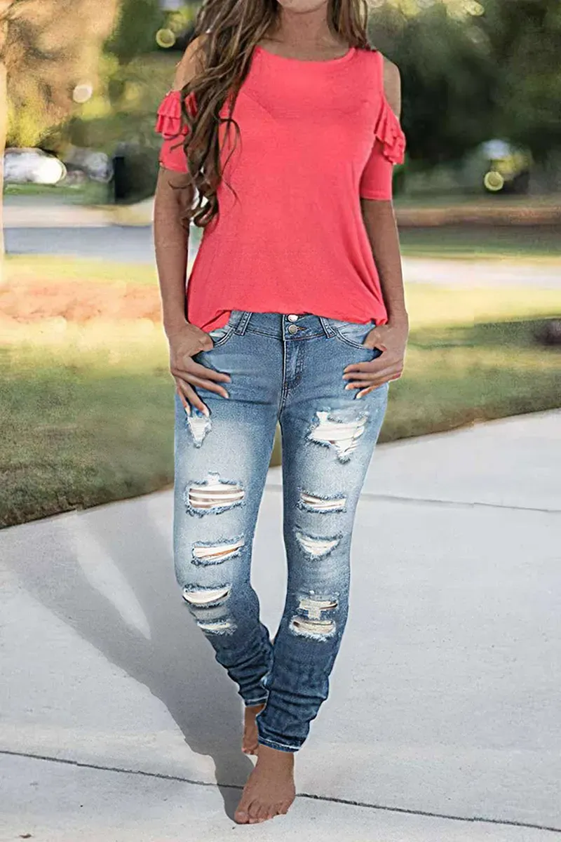 Ladder Ripped Low Rise Skinny Jeans