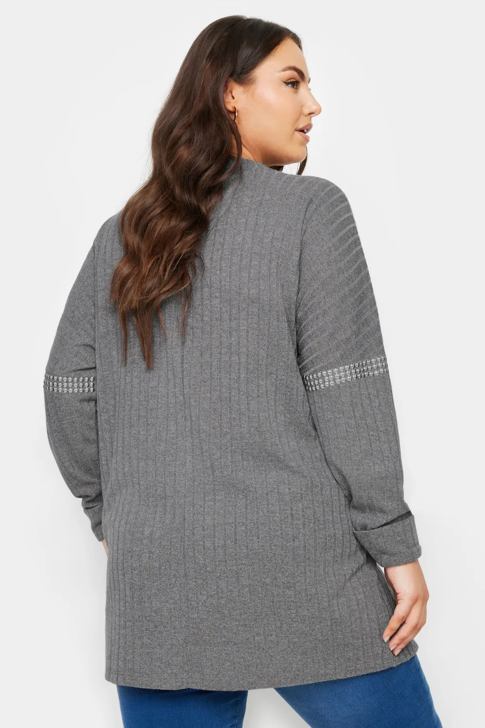 YOURS Curve Grey Stud Neckline Embellished Jumper