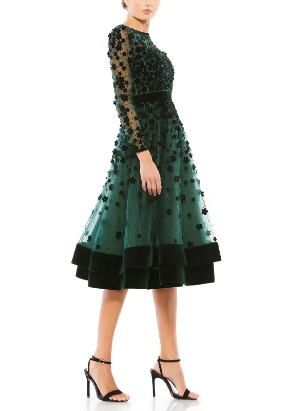 Embellished Sheer Long Sleeve A-Line Midi Dress