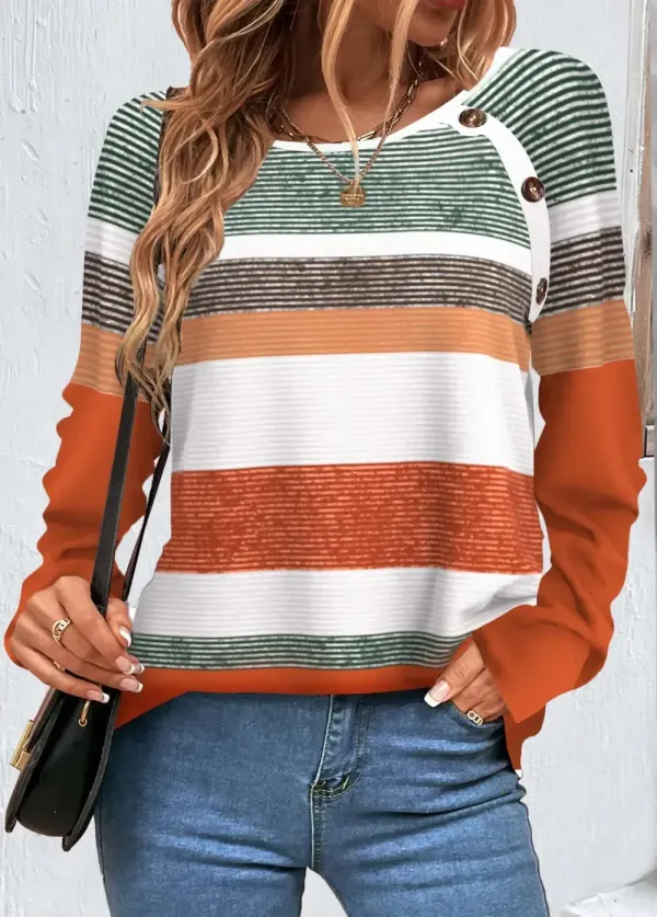 Orange Button Multi Stripe Print T Shirt